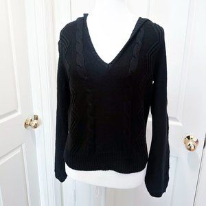 Nicole by Nicole Miller Hooded Cable Knit Pullover Sweater / Black / V-Neck / S